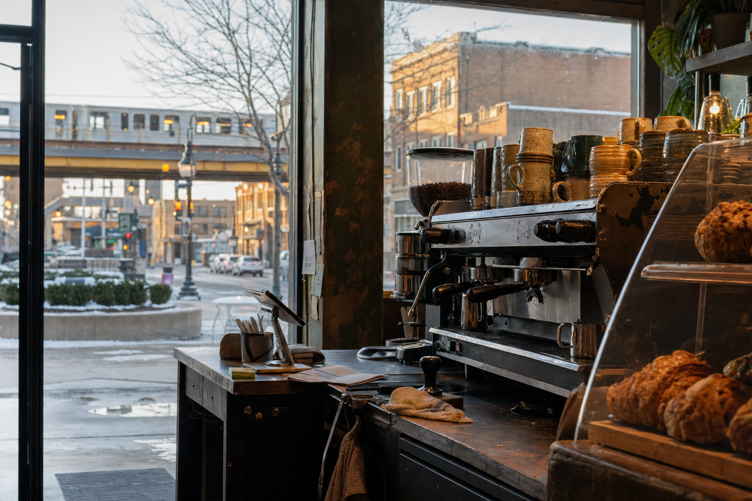 Skokie coffee shop interior with IL morning light around the espresso bar.