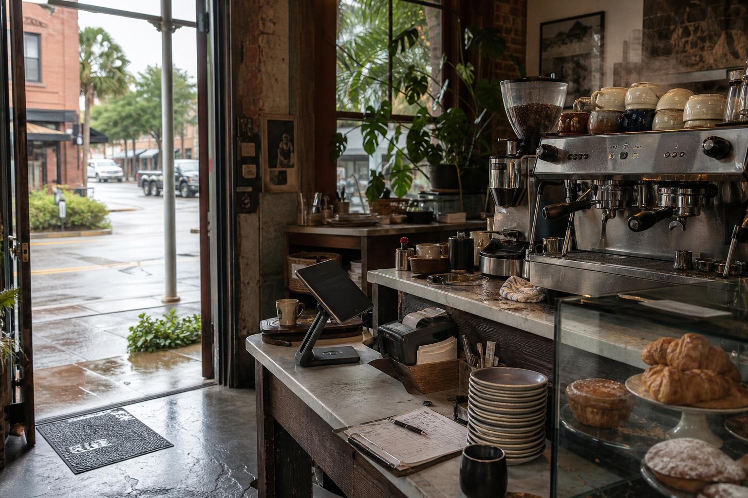 Slidell coffee shop interior with LA morning light around the espresso bar.