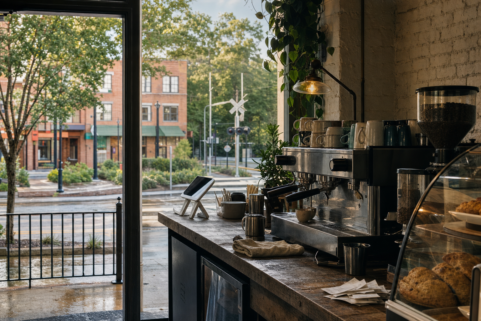Smyrna coffee shop interior with GA morning light around the espresso bar.