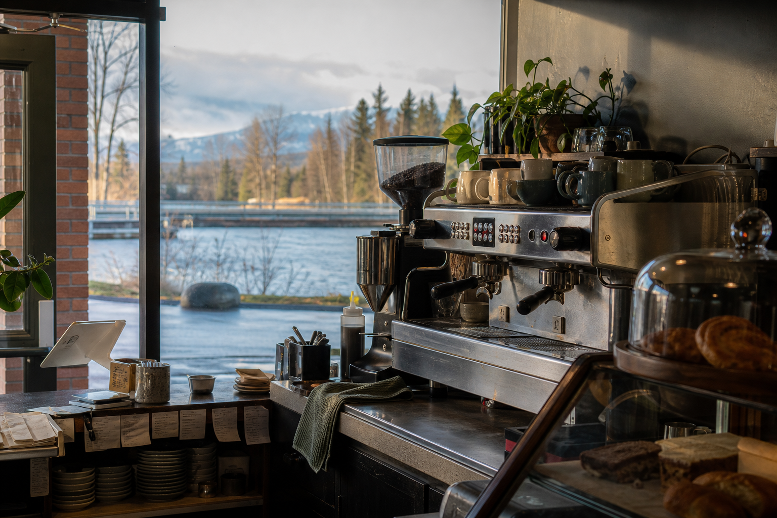 Soldotna coffee shop interior with AK morning light around the espresso bar.