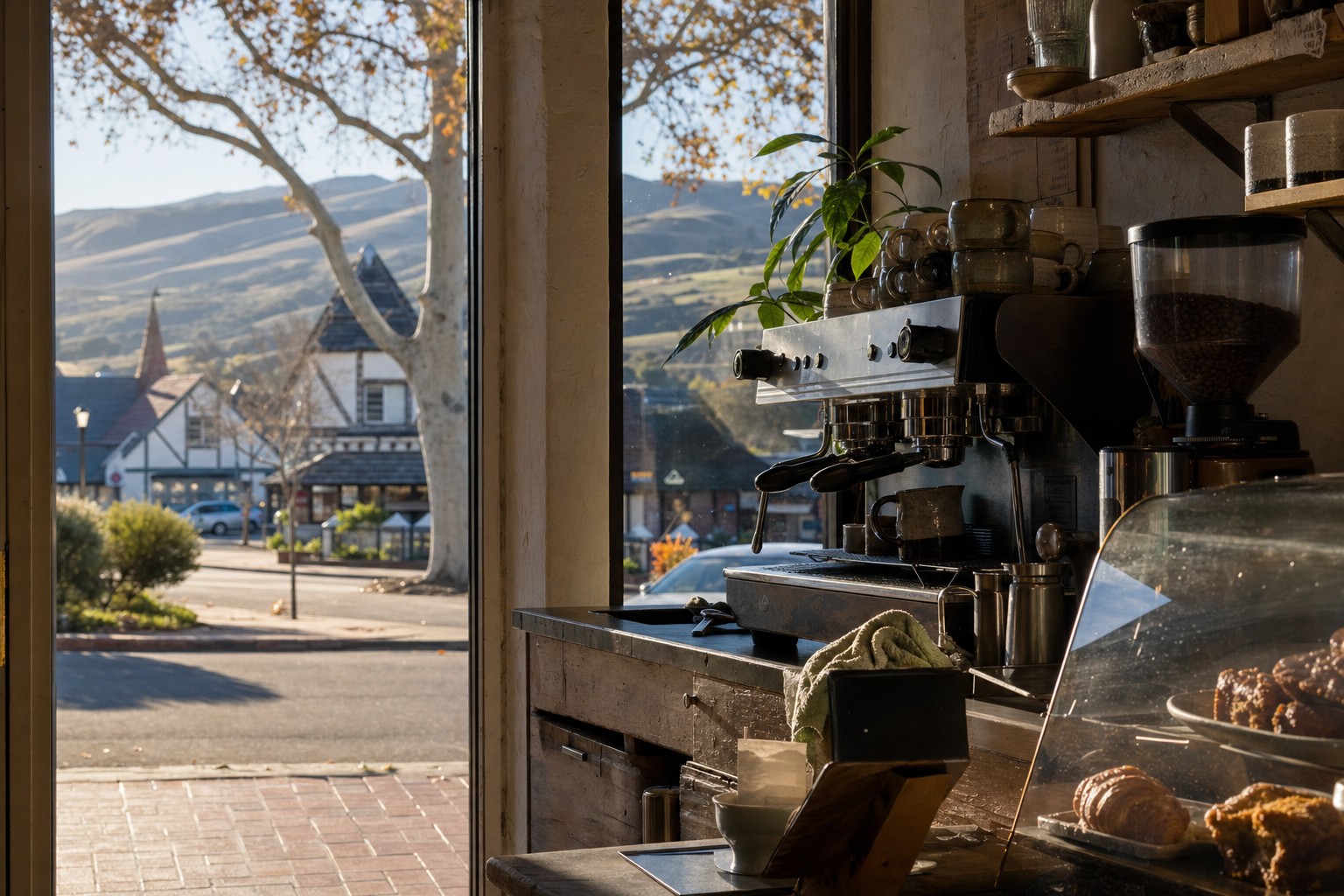 Solvang coffee shop interior with CA morning light around the espresso bar.