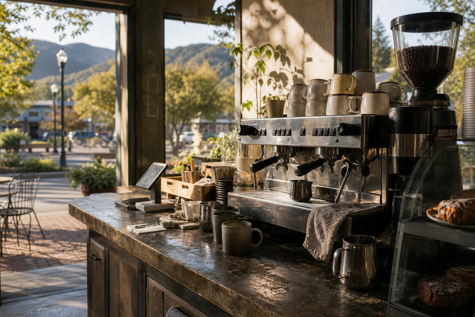 Sonoma coffee shop interior with CA morning light around the espresso bar.