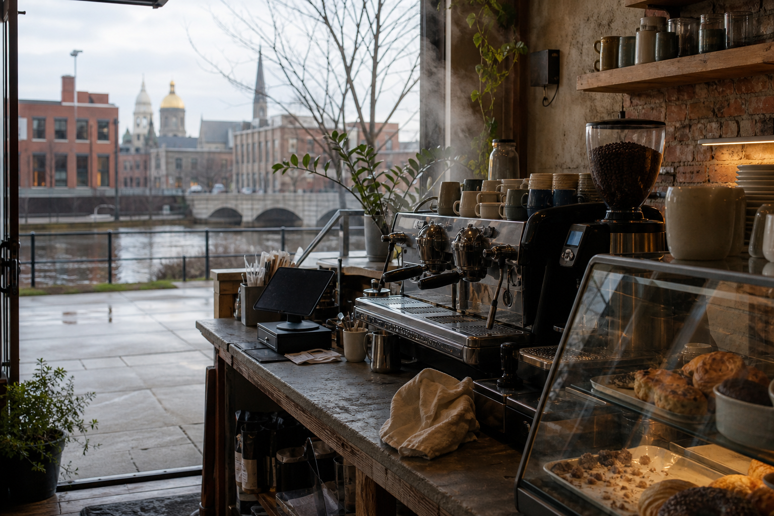 South Bend coffee shop interior with IN morning light around the espresso bar.