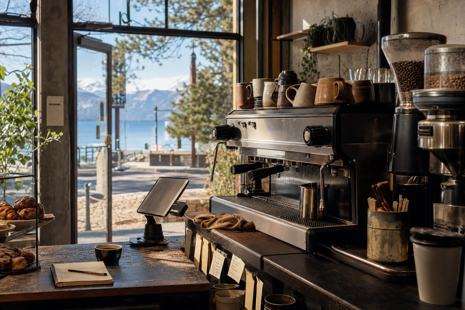 South Lake Tahoe coffee shop interior with CA morning light around the espresso bar.