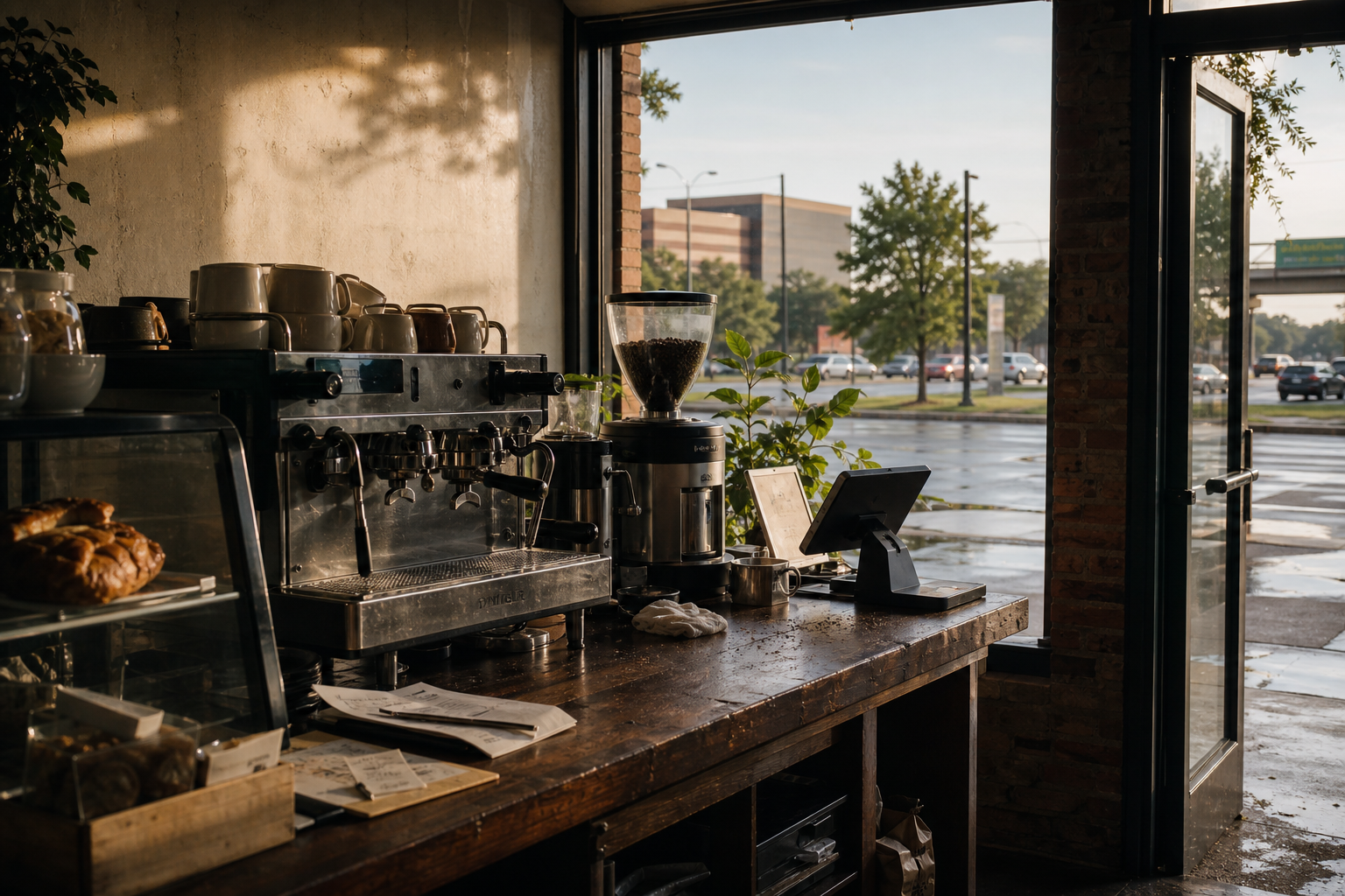 Southaven coffee shop interior with MS morning light around the espresso bar.