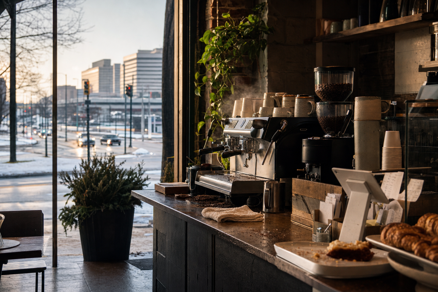 Southfield coffee shop interior with MI morning light around the espresso bar.
