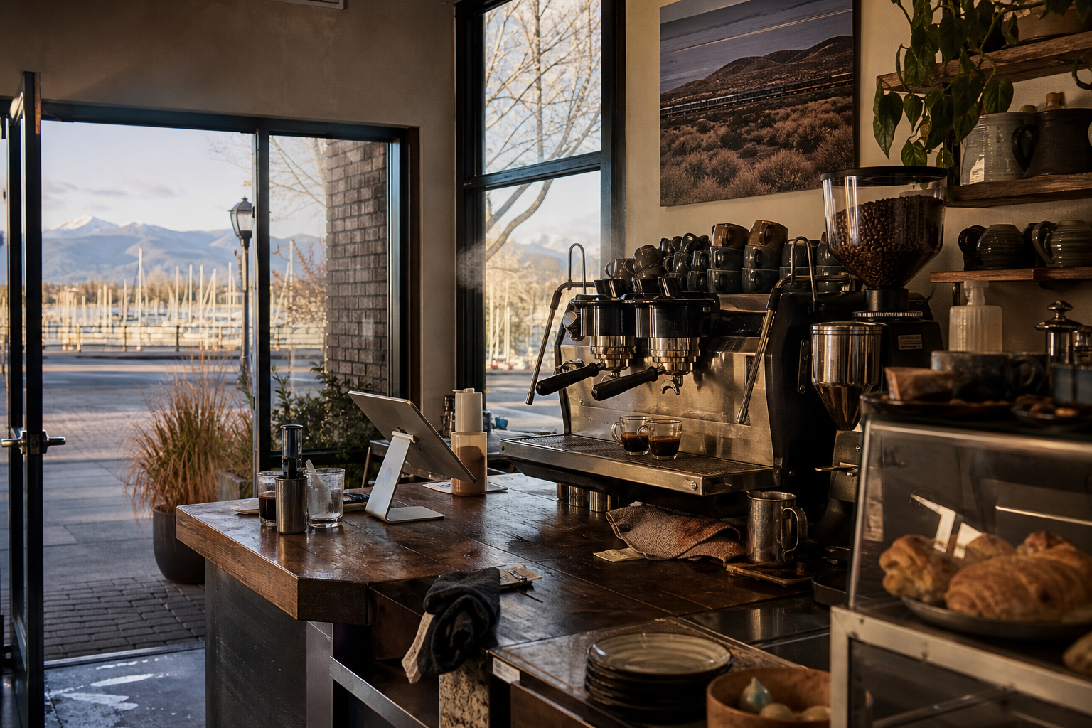Sparks coffee shop interior with NV morning light around the espresso bar.