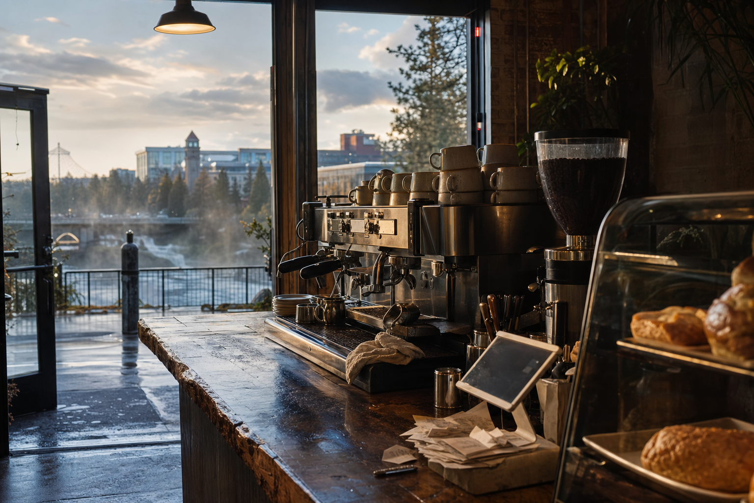 Spokane coffee shop interior with WA morning light around the espresso bar.