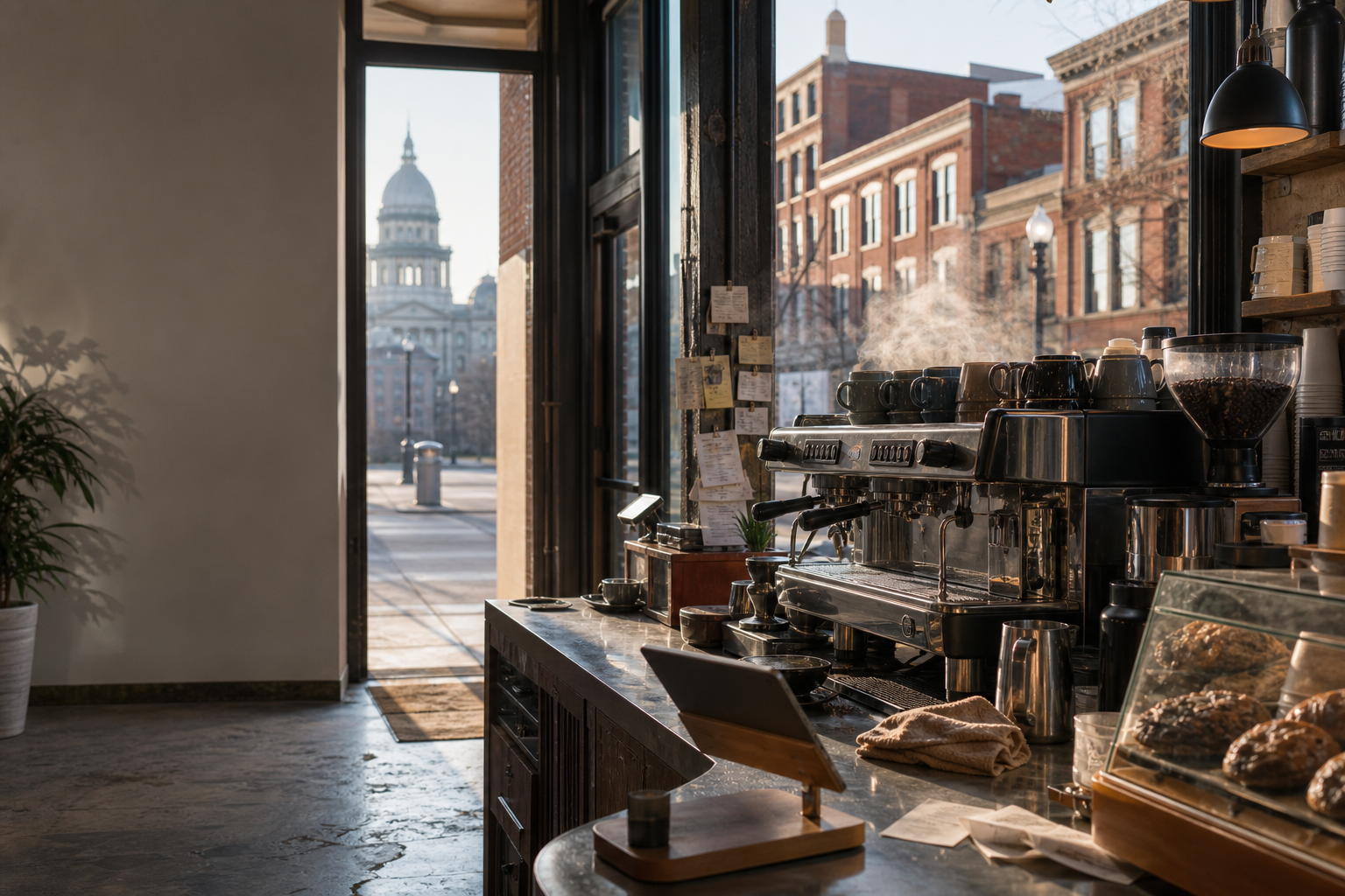 Springfield coffee shop interior with IL morning light around the espresso bar.