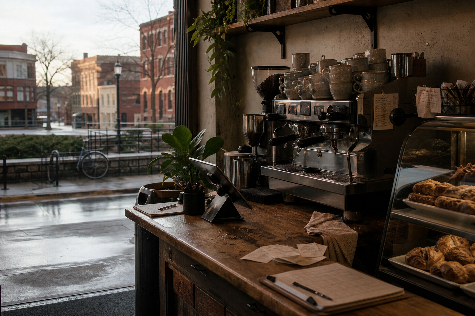 Springfield coffee shop interior with OH morning light around the espresso bar.