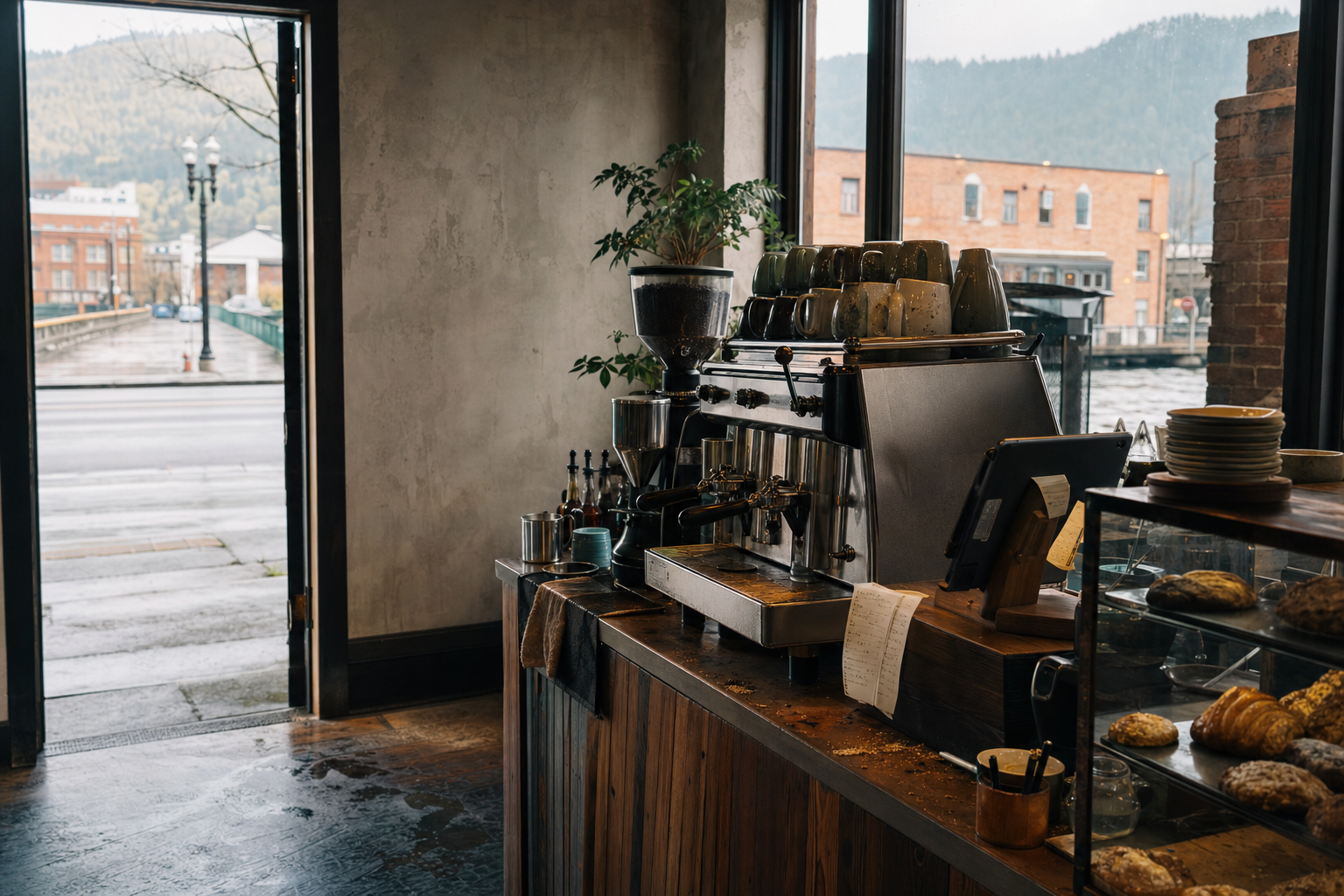 Springfield coffee shop interior with OR morning light around the espresso bar.