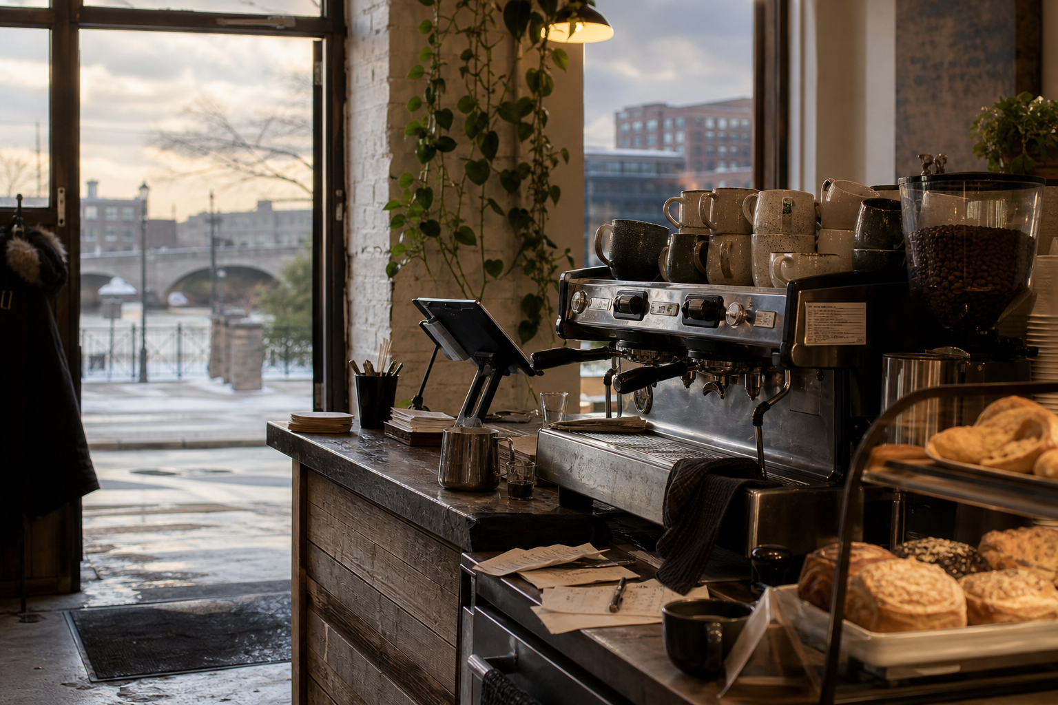 St. Cloud coffee shop interior with MN morning light around the espresso bar.