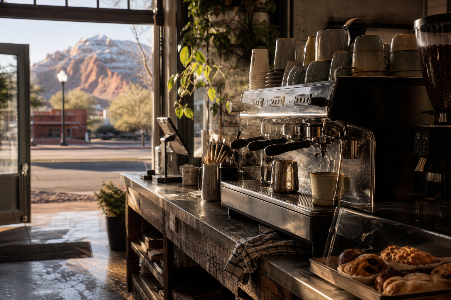 St. George coffee shop interior with UT morning light around the espresso bar.