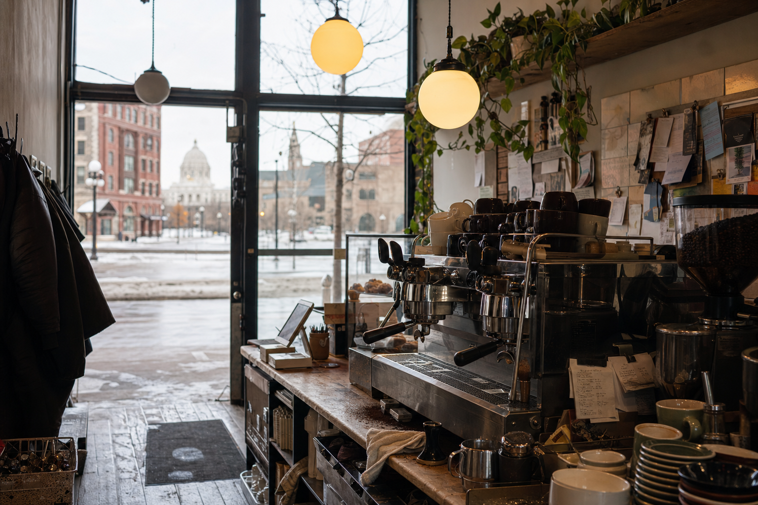 St. Paul coffee shop interior with MN morning light around the espresso bar.