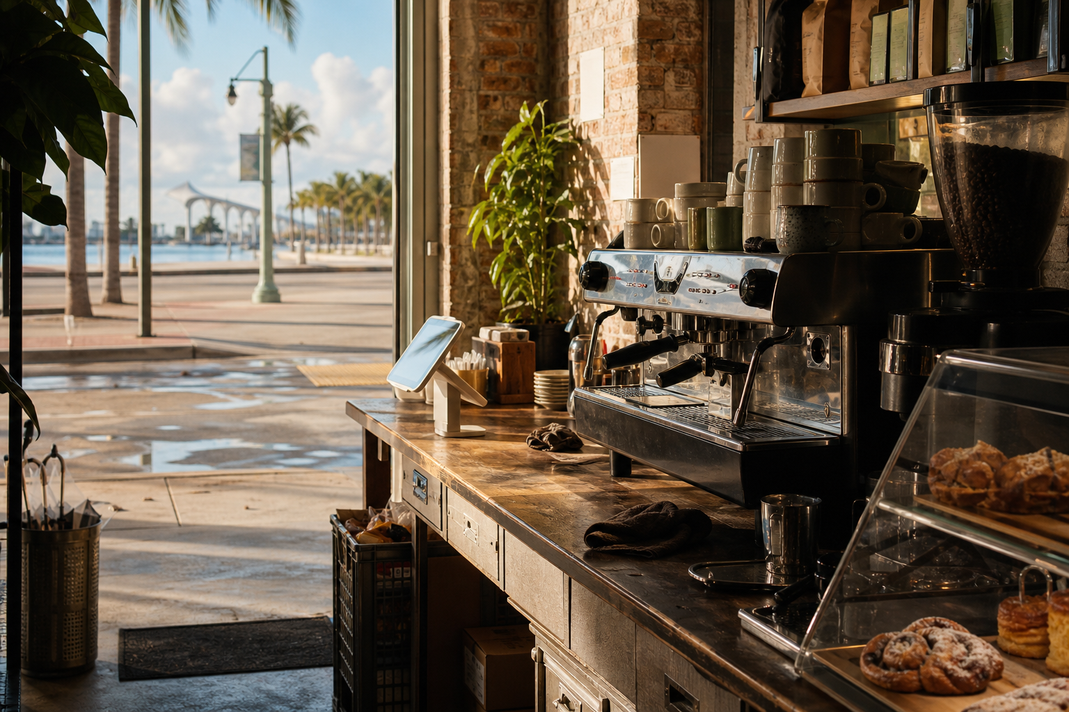 St. Petersburg coffee shop interior with FL morning light around the espresso bar.