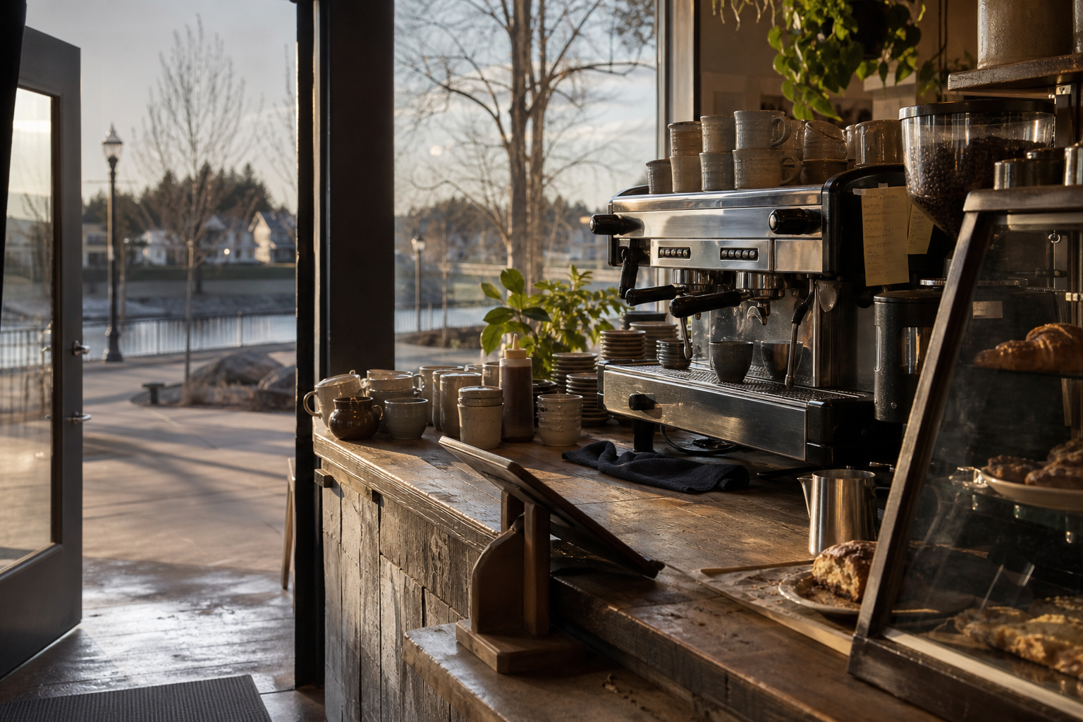 Star coffee shop interior with ID morning light around the espresso bar.
