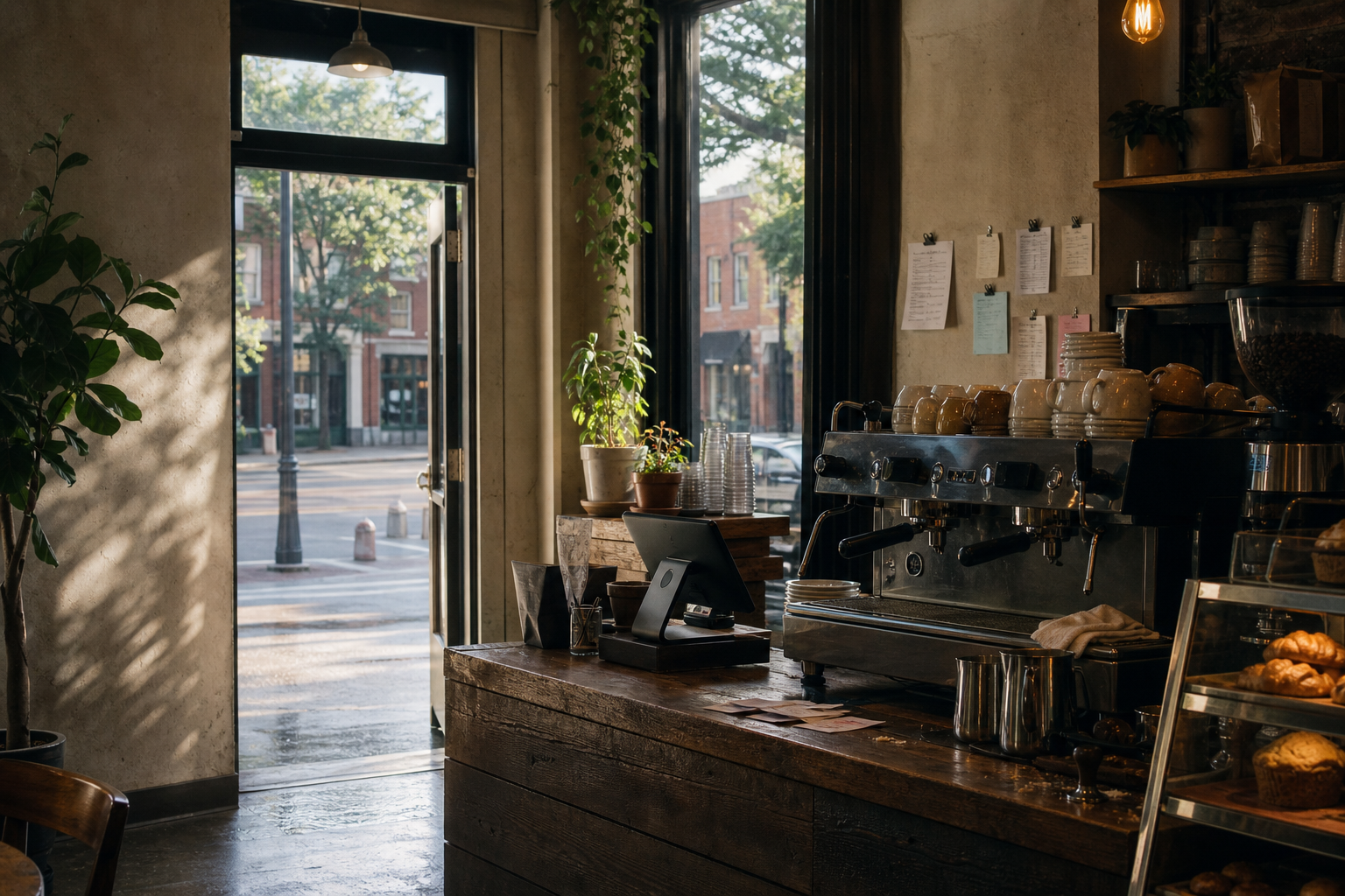Starkville coffee shop interior with MS morning light around the espresso bar.