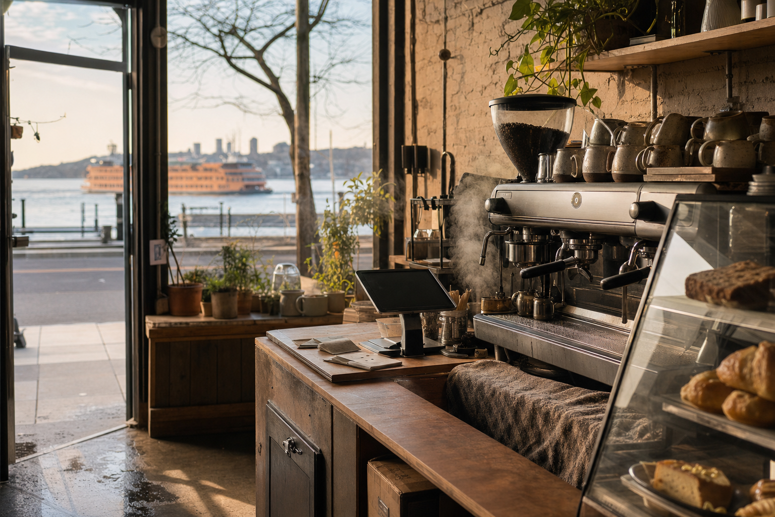 Staten Island coffee shop interior with NY morning light around the espresso bar.