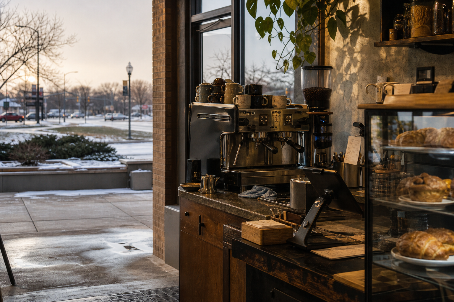 Sterling Heights coffee shop interior with MI morning light around the espresso bar.