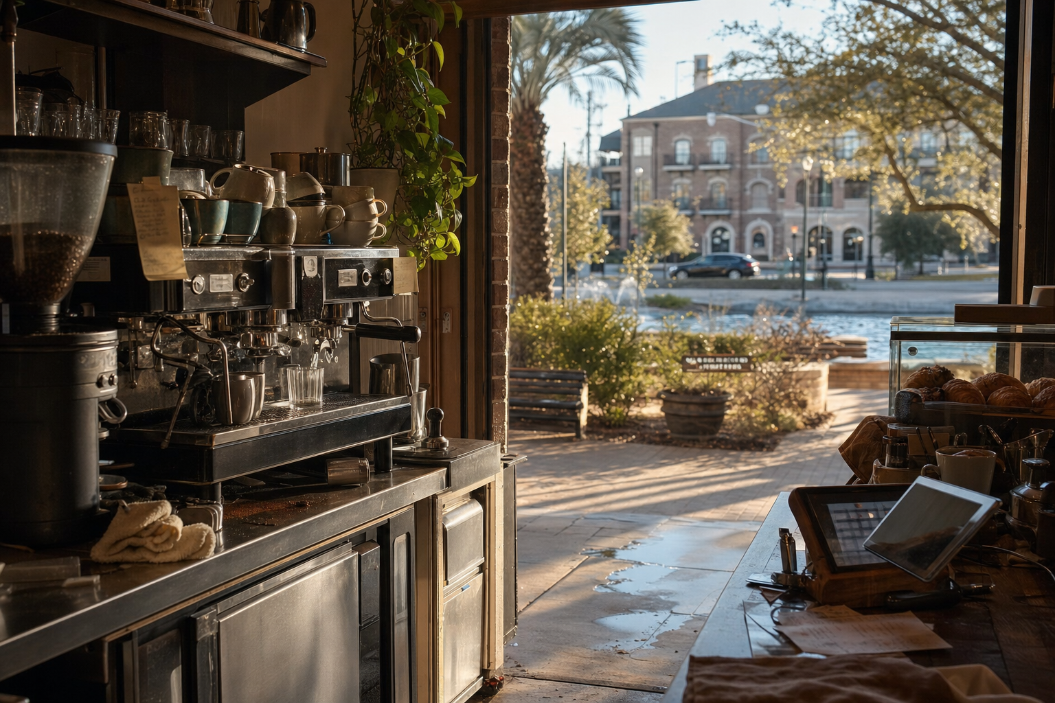 Sugar Land coffee shop interior with TX morning light around the espresso bar.