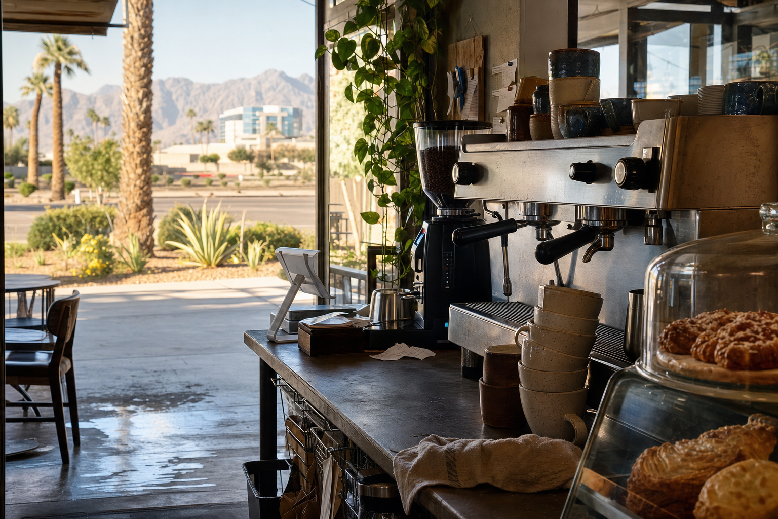 Surprise coffee shop interior with AZ morning light around the espresso bar.