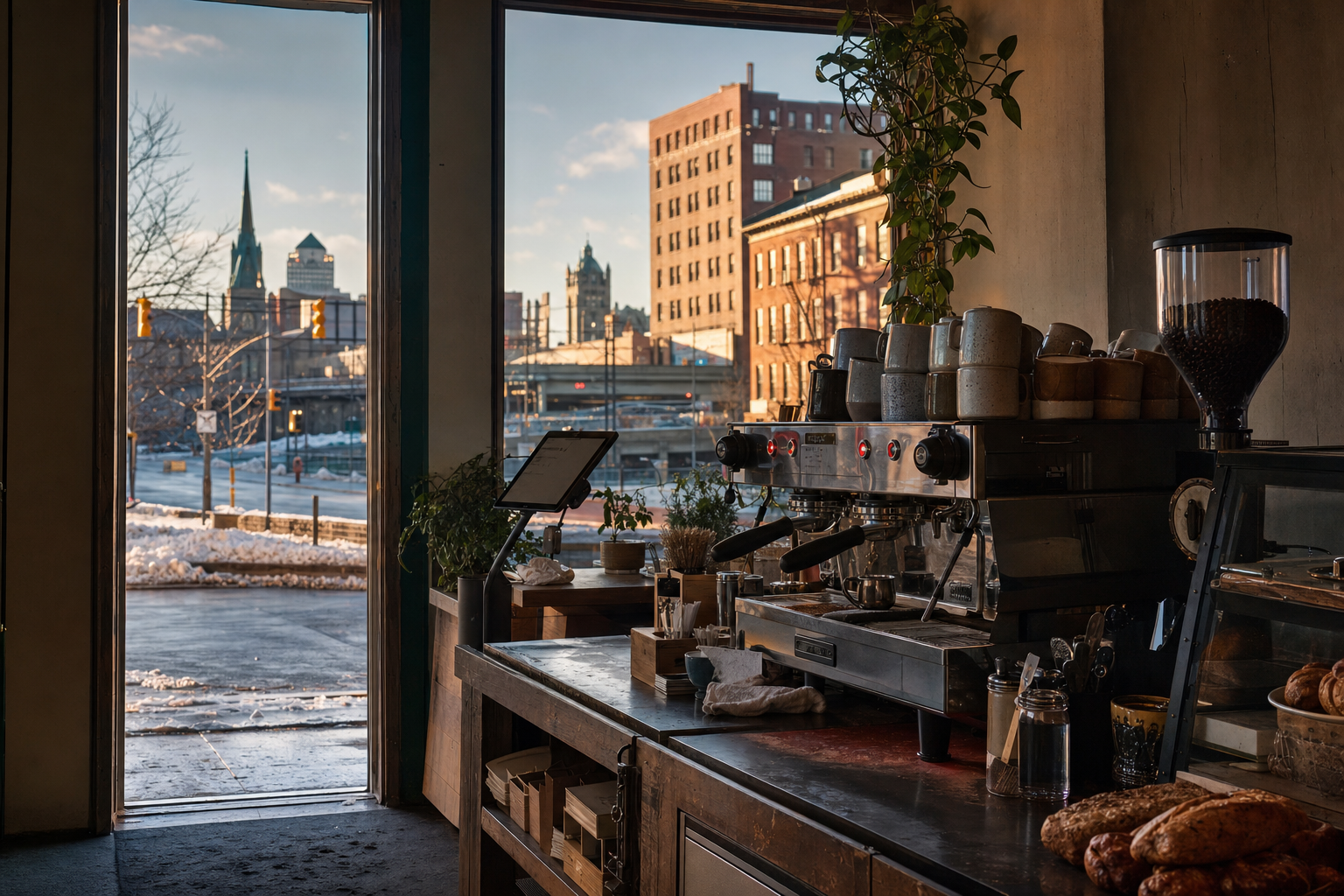 Syracuse coffee shop interior with NY morning light around the espresso bar.