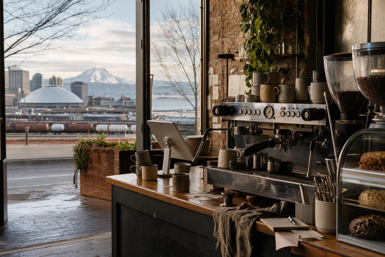 Tacoma coffee shop interior with WA morning light around the espresso bar.