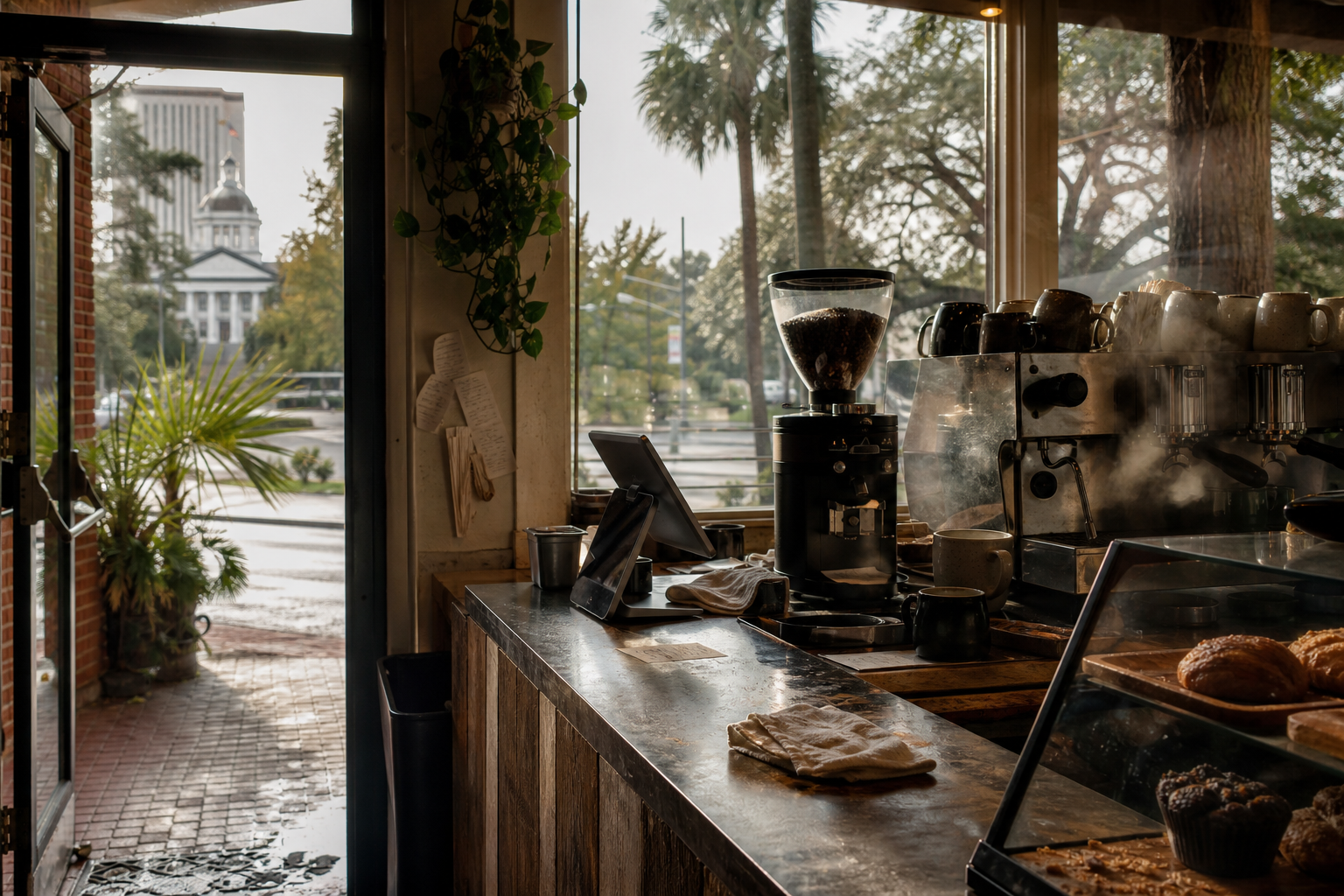 Tallahassee coffee shop interior with FL morning light around the espresso bar.