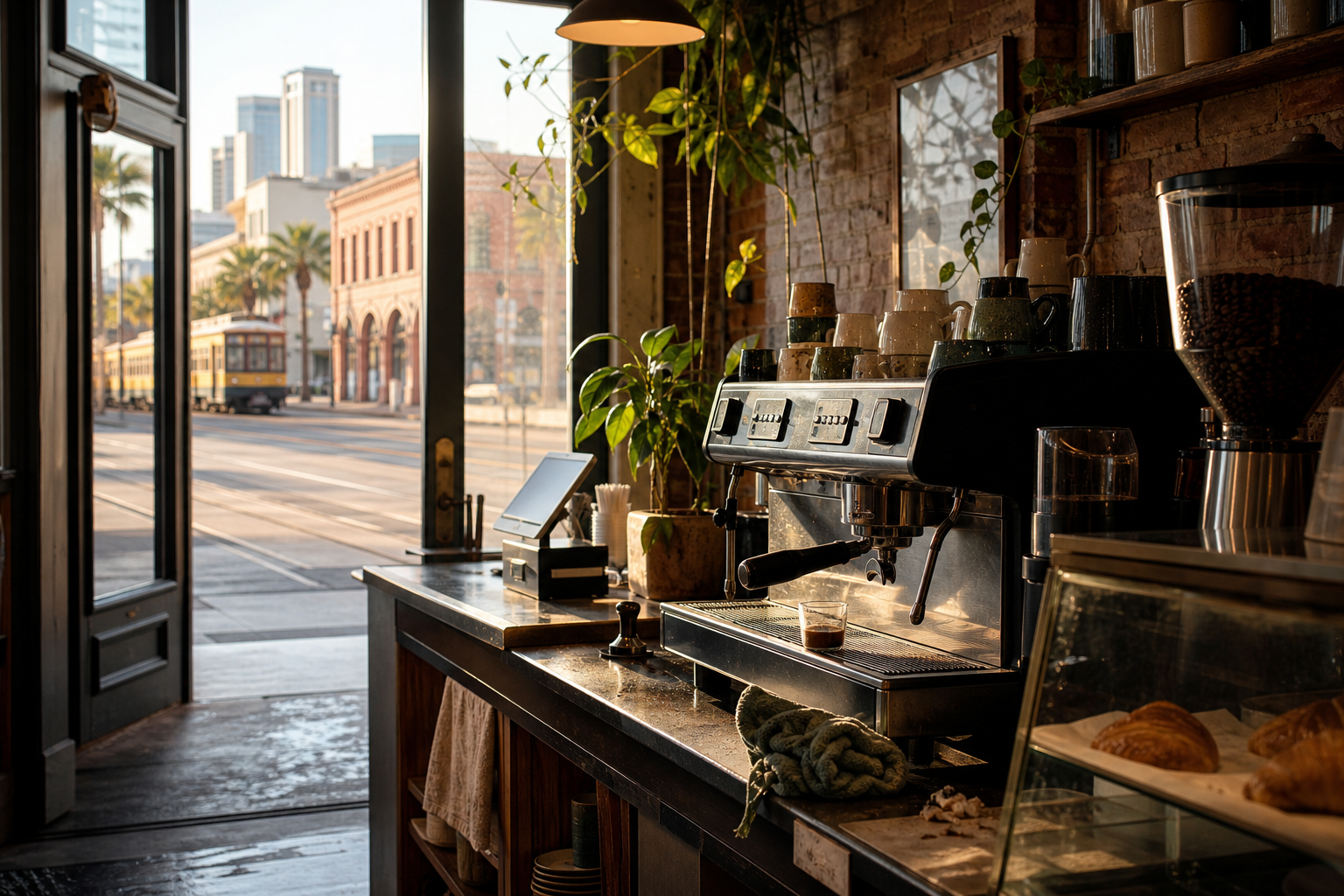 Tampa coffee shop interior with FL morning light around the espresso bar.