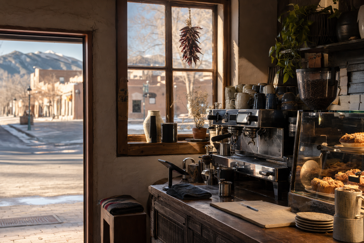 Taos coffee shop interior with NM morning light around the espresso bar.