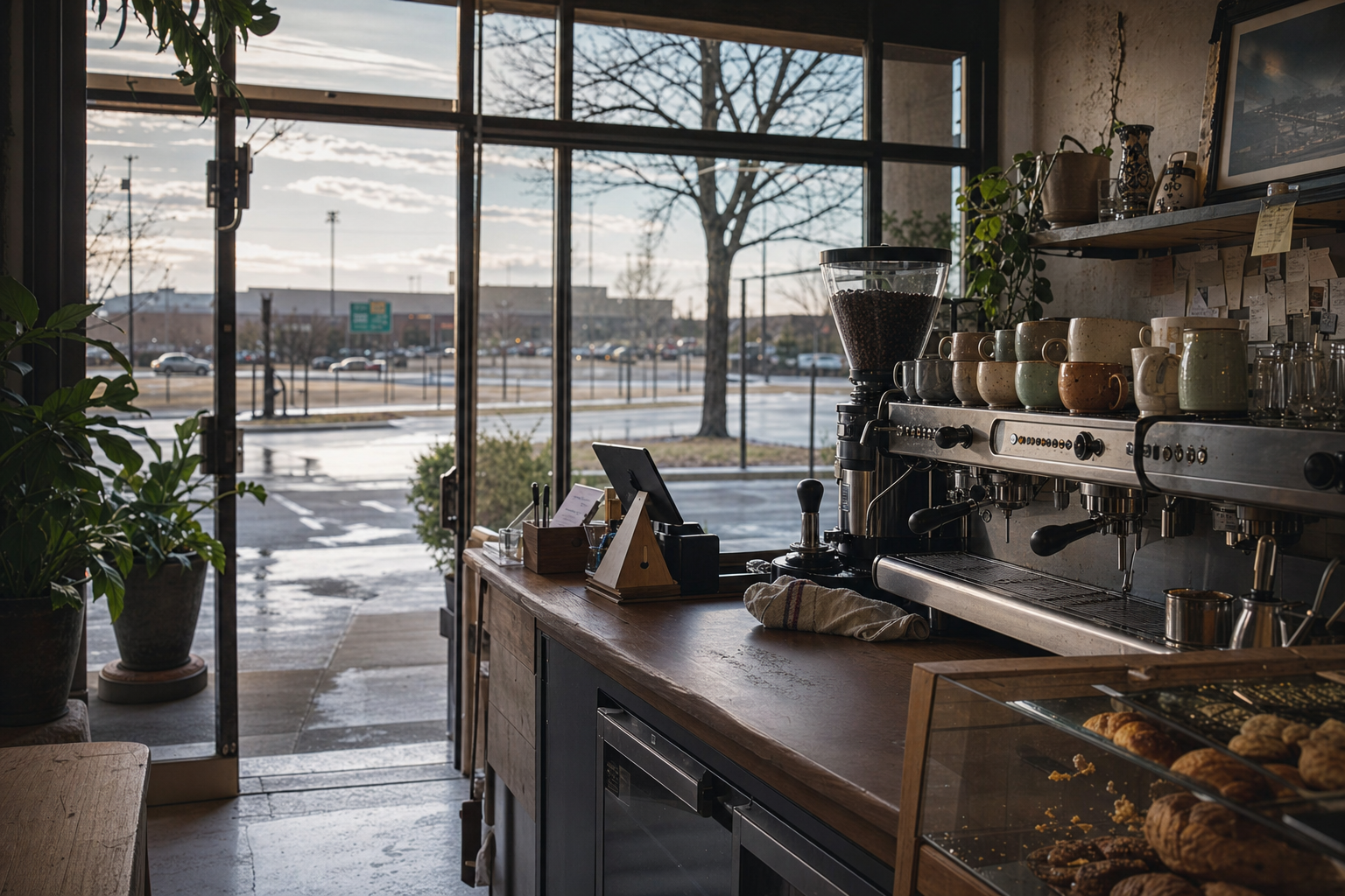 Taylor coffee shop interior with MI morning light around the espresso bar.