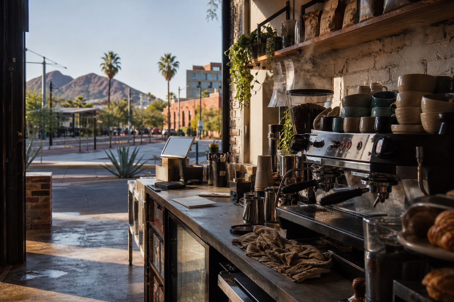 Tempe coffee shop interior with AZ morning light around the espresso bar.