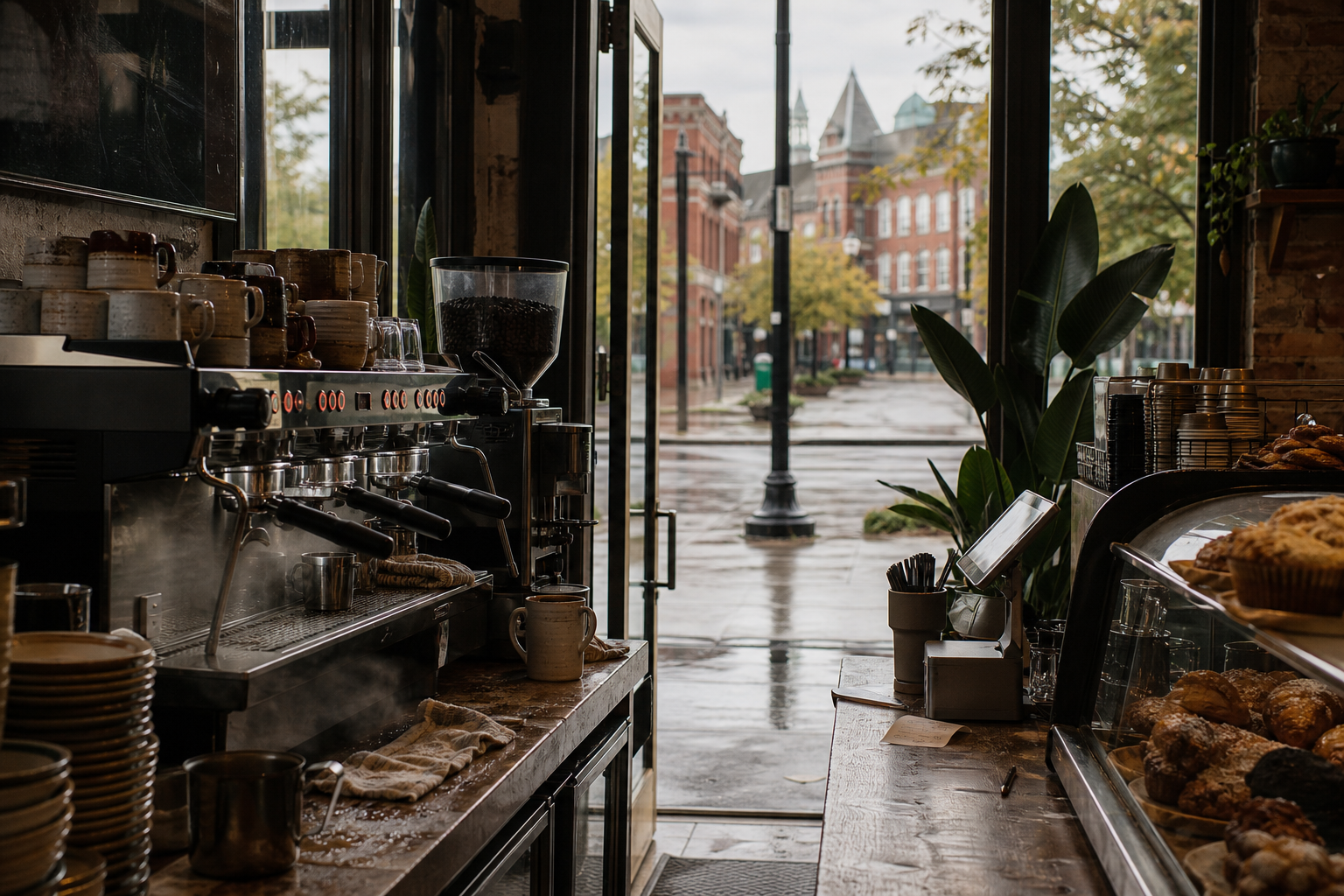 Terre Haute coffee shop interior with IN morning light around the espresso bar.