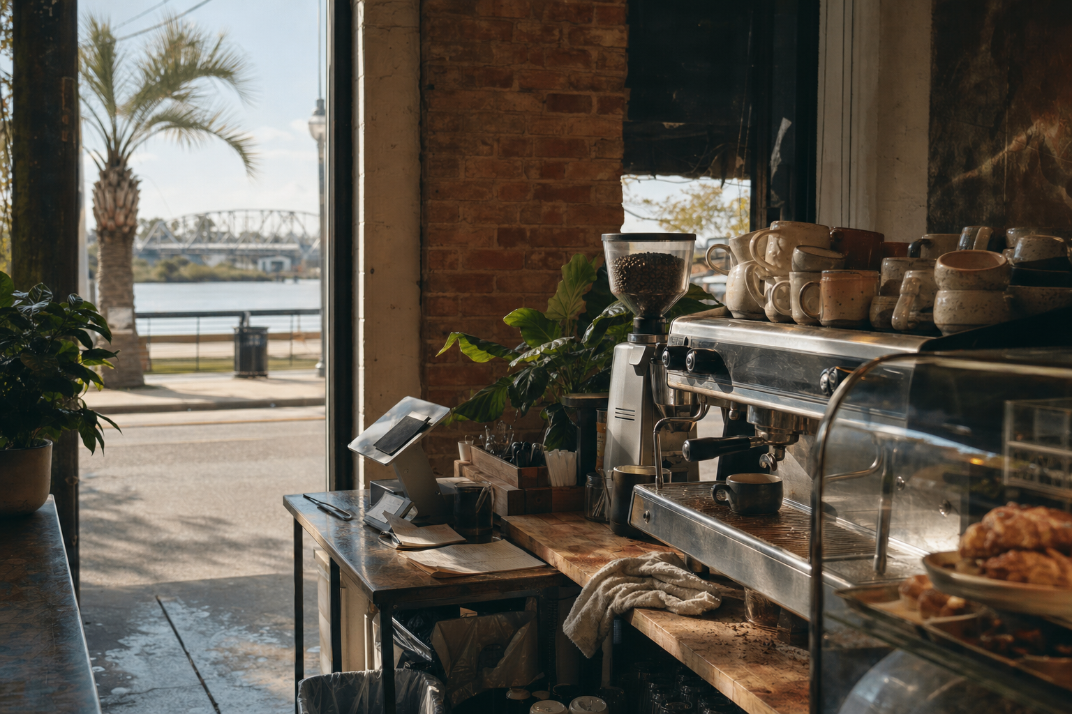 Thibodaux coffee shop interior with LA morning light around the espresso bar.