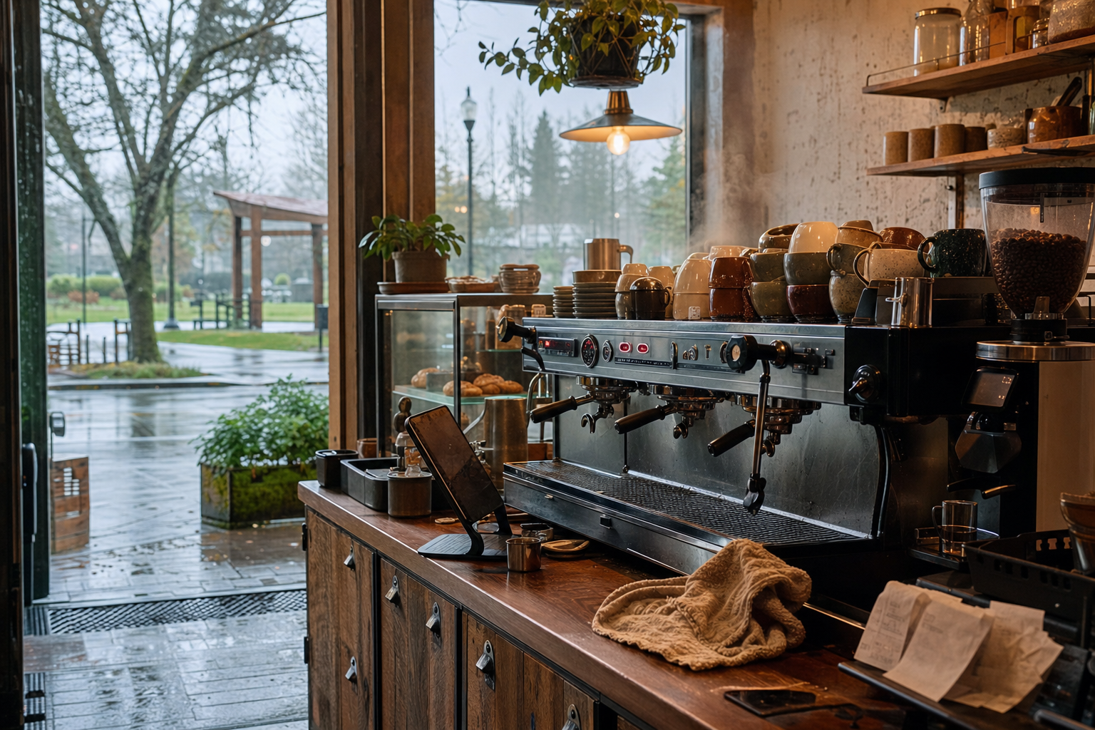 Tigard coffee shop interior with OR morning light around the espresso bar.