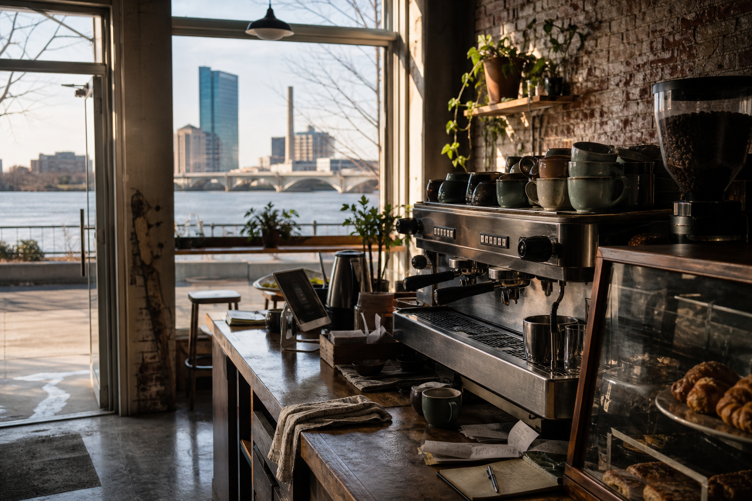 Toledo coffee shop interior with OH morning light around the espresso bar.