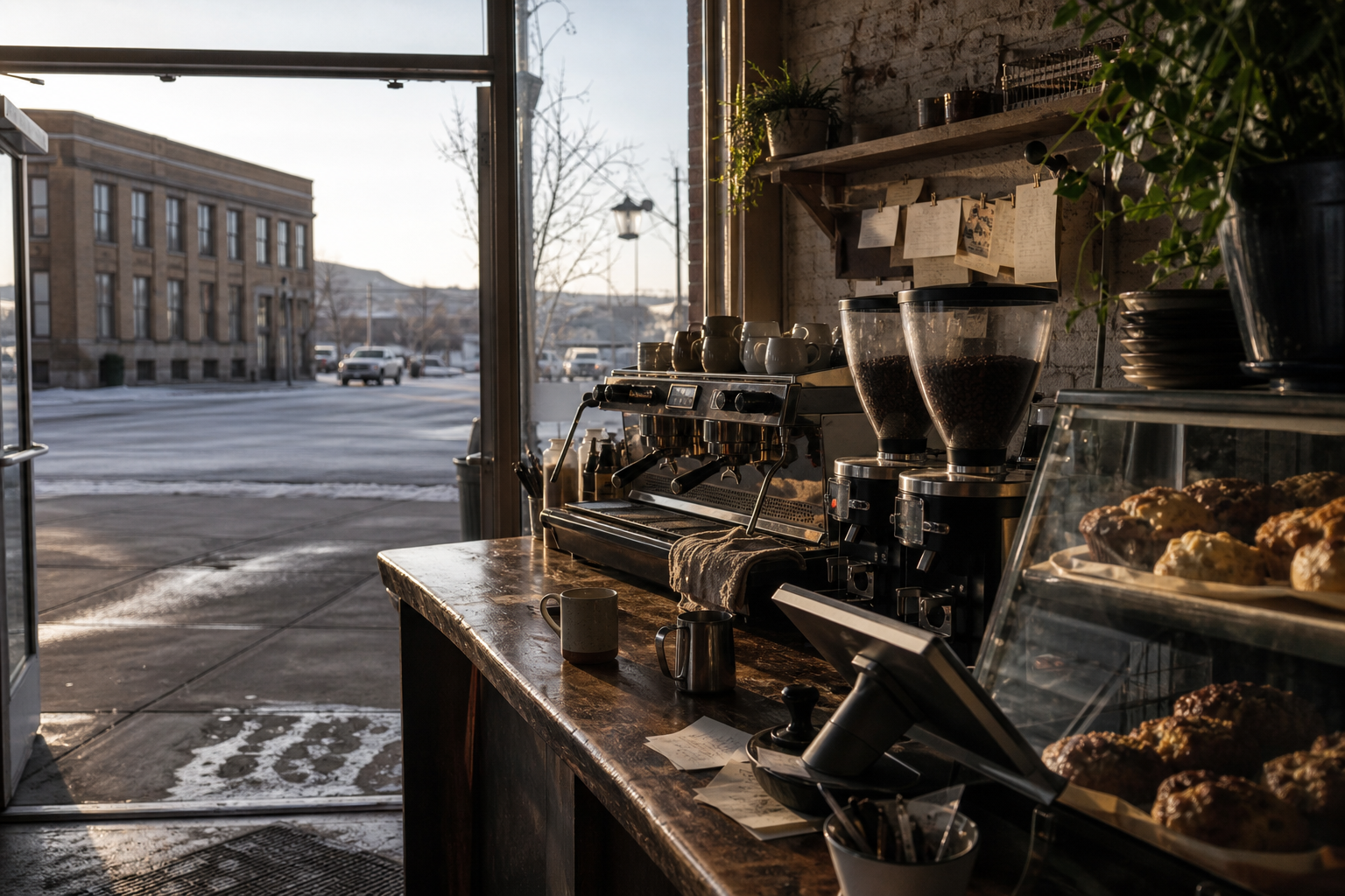 Torrington coffee shop interior with WY morning light around the espresso bar.