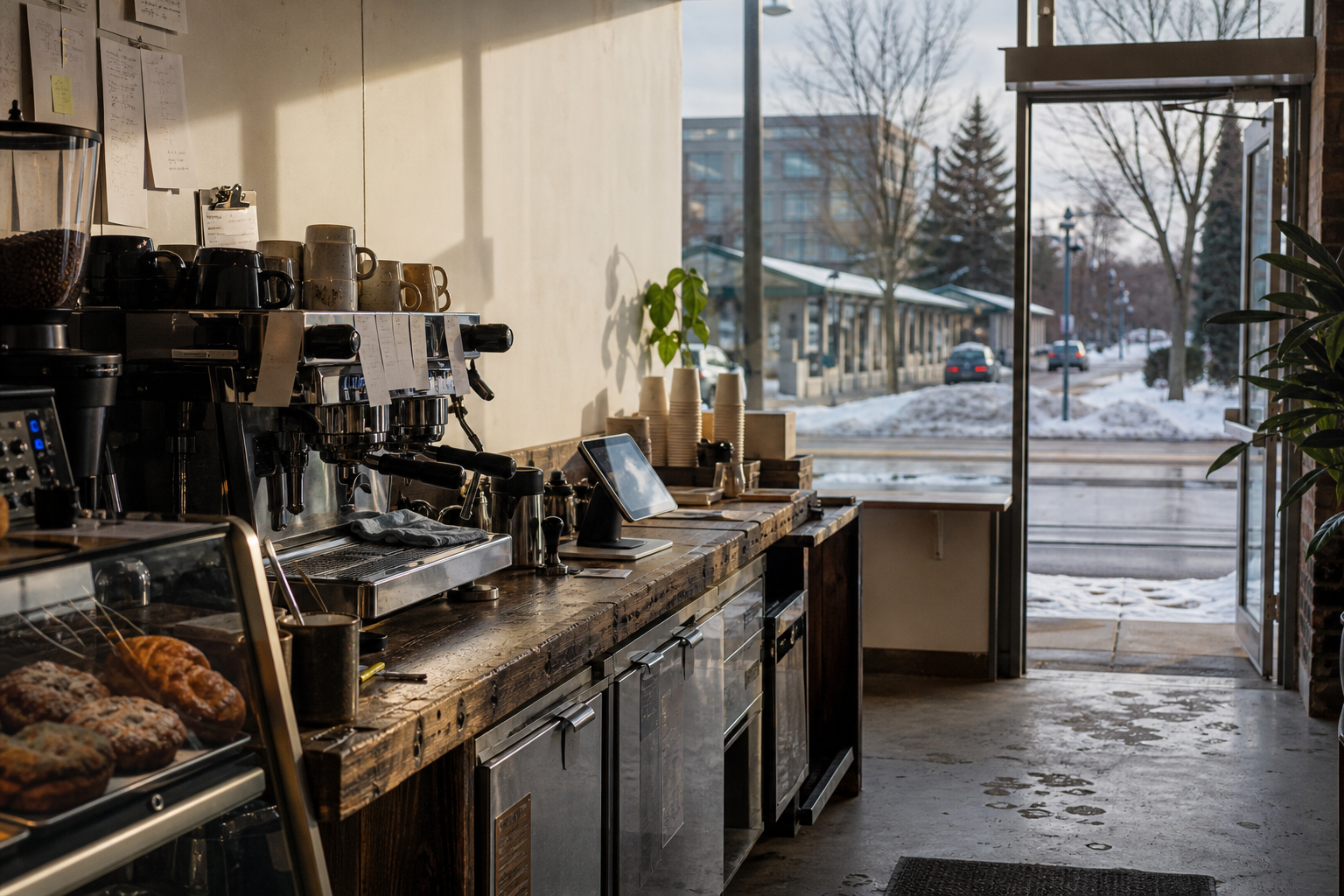 Troy coffee shop interior with MI morning light around the espresso bar.