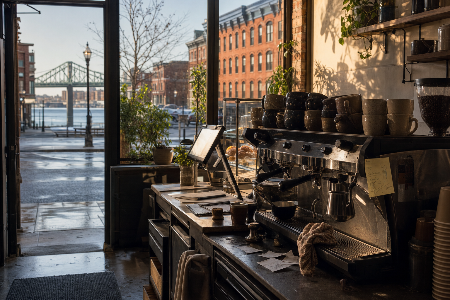 Troy coffee shop interior with NY morning light around the espresso bar.