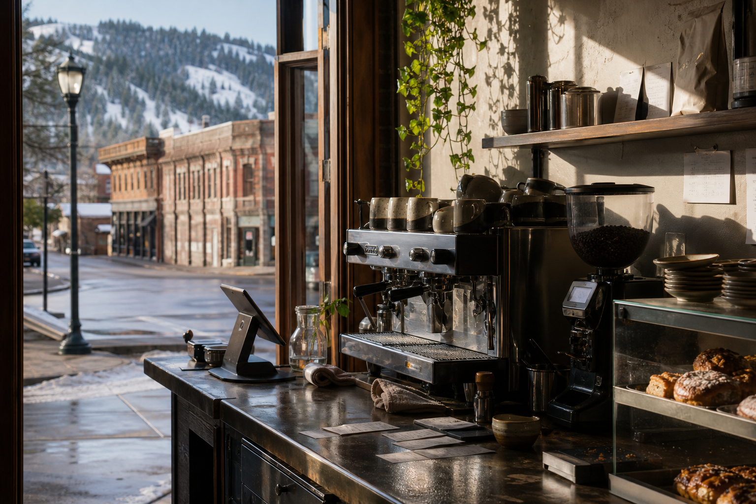 Truckee coffee shop interior with CA morning light around the espresso bar.