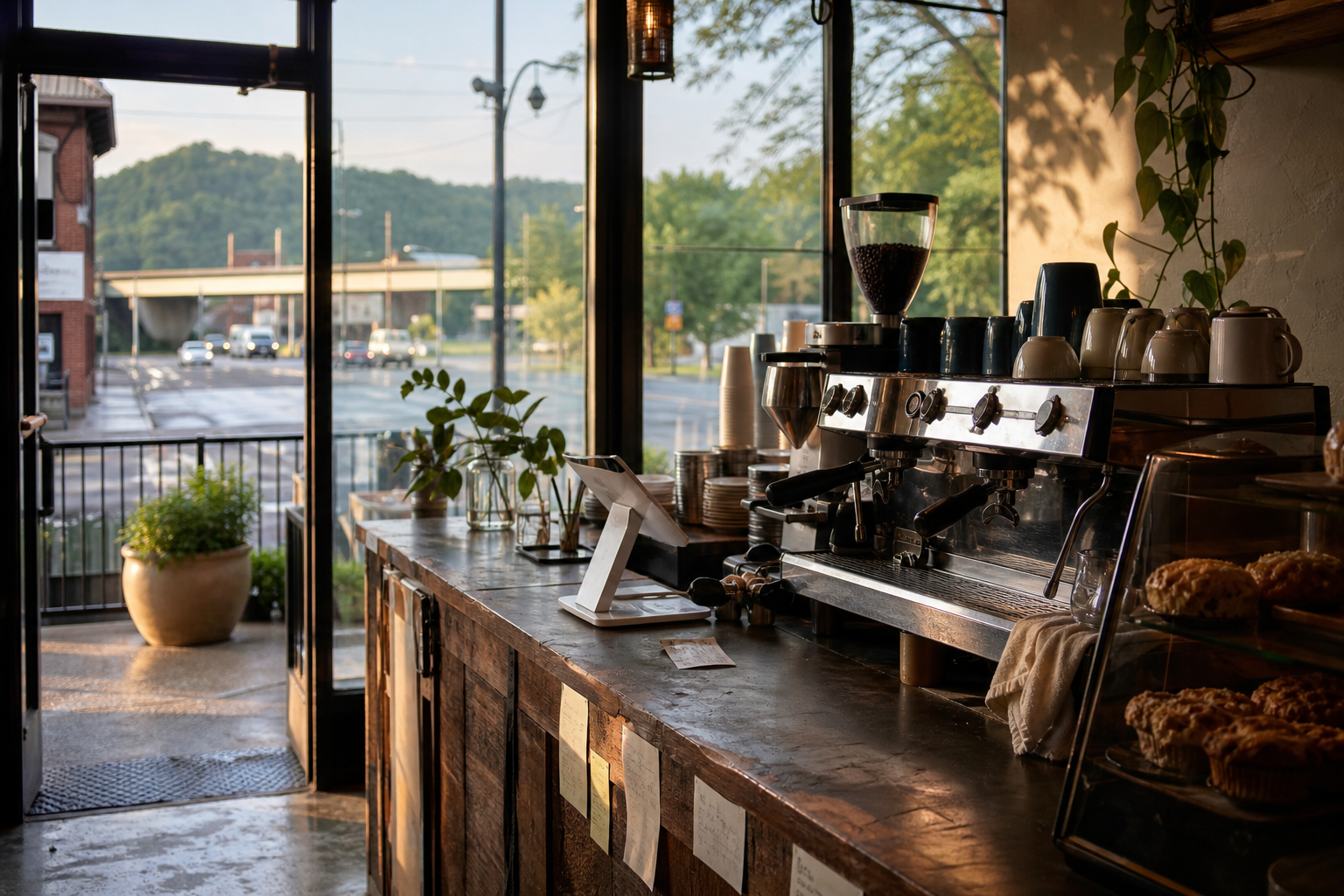Trussville coffee shop interior with AL morning light around the espresso bar.