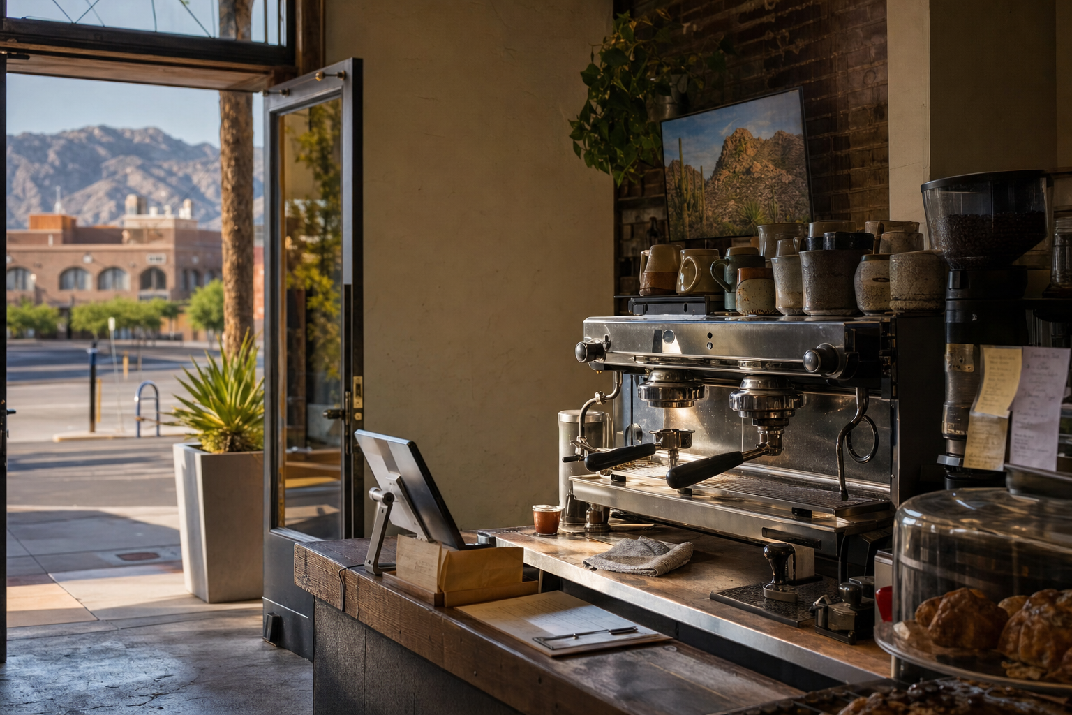 Tucson coffee shop interior with AZ morning light around the espresso bar.