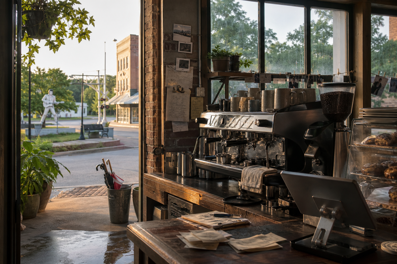 Tupelo coffee shop interior with MS morning light around the espresso bar.
