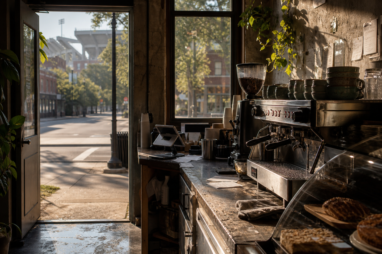 Tuscaloosa coffee shop interior with AL morning light around the espresso bar.