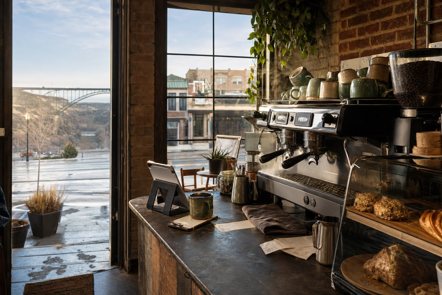 Twin Falls coffee shop interior with ID morning light around the espresso bar.