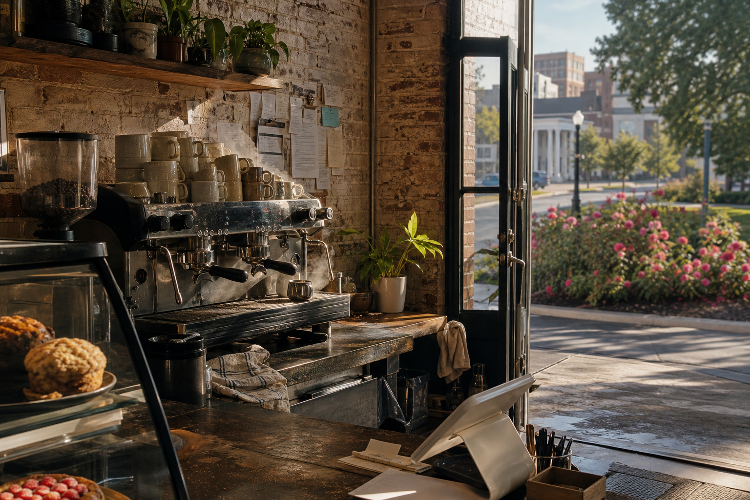 Tyler coffee shop interior with TX morning light around the espresso bar.
