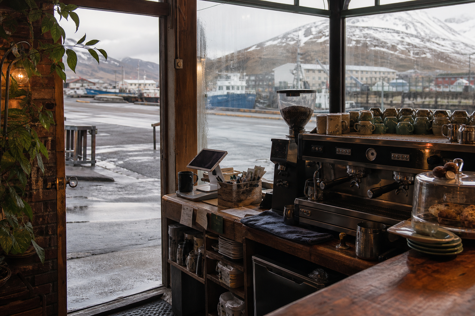 Unalaska coffee shop interior with AK morning light around the espresso bar.