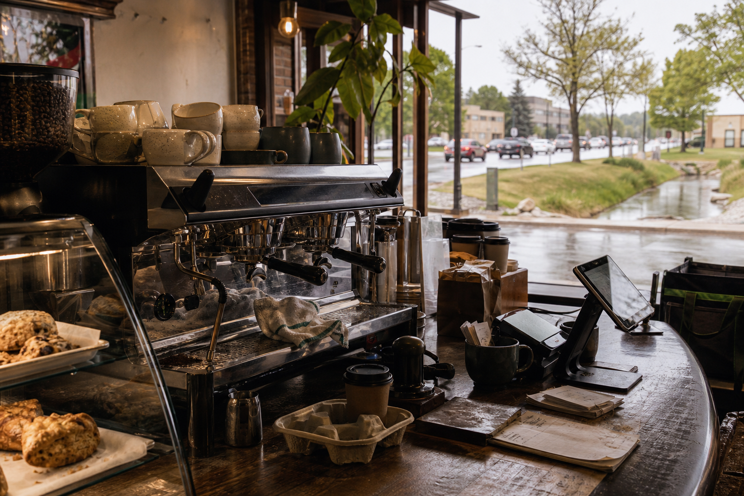Urbandale coffee shop interior with IA morning light around the espresso bar.