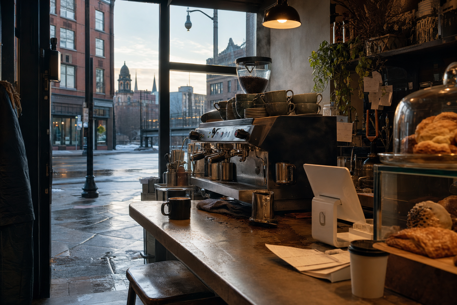 Utica coffee shop interior with NY morning light around the espresso bar.
