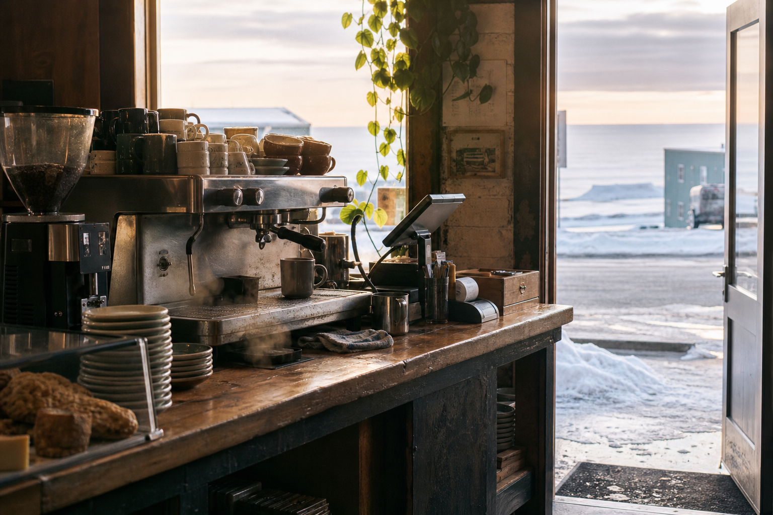 Utqiagvik coffee shop interior with AK morning light around the espresso bar.